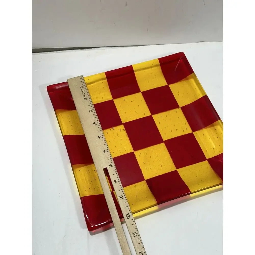 Art‎ glass Plate Chess checked Red & Yellow 10” Square Dish